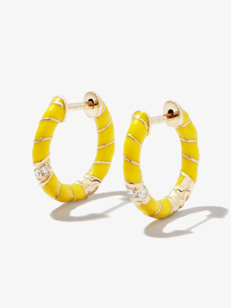9k Yellow Gold Mini Torsade Enamel and Diamond Hoop Earrings
