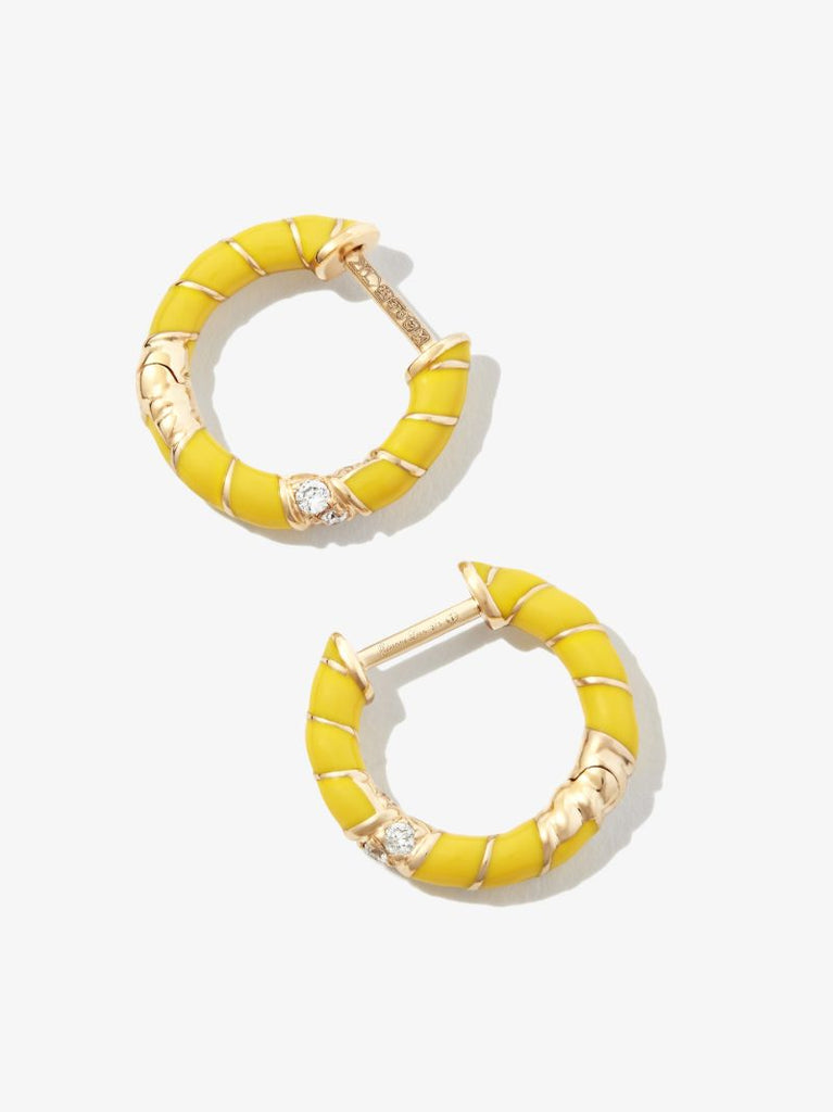 9k Yellow Gold Mini Torsade Enamel and Diamond Hoop Earrings
