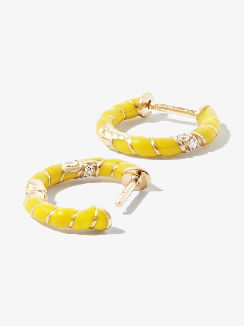 9k Yellow Gold Mini Torsade Enamel and Diamond Hoop Earrings