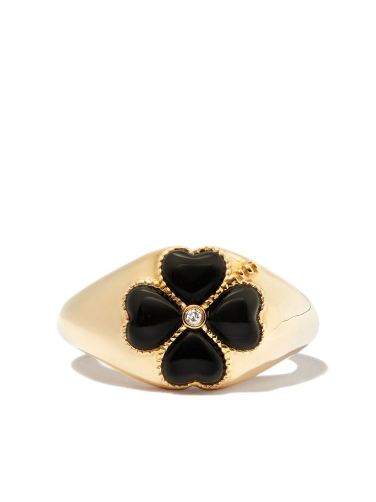 9k Yellow Gold Onyx Flower Diamond Signet Ring