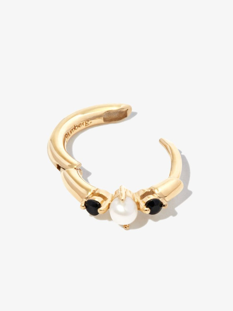 9k Yellow Gold Onyx and Pearl Huggie Earring
