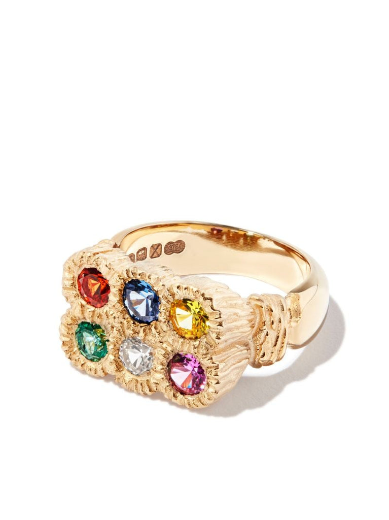 9k Yellow Gold Flowers Grow Together Sapphire Ring