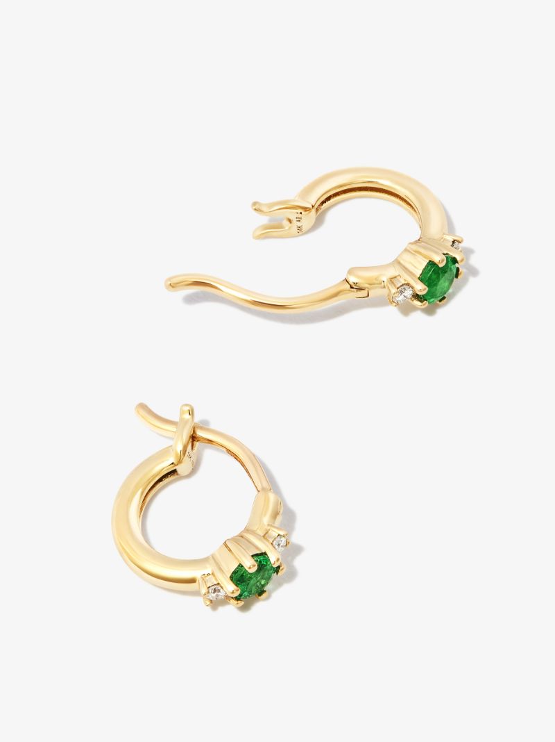 14k Yellow Gold Trio Emerald and Diamond Huggie Earrings