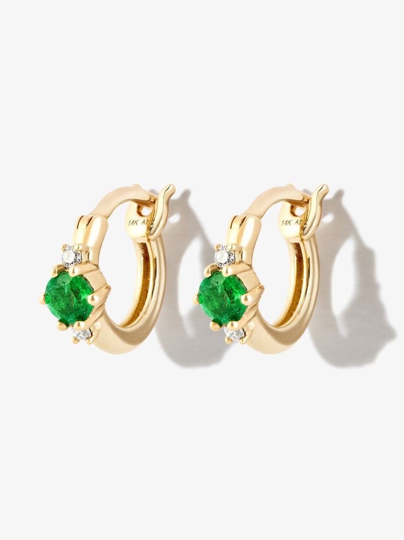 14k Yellow Gold Trio Emerald and Diamond Huggie Earrings