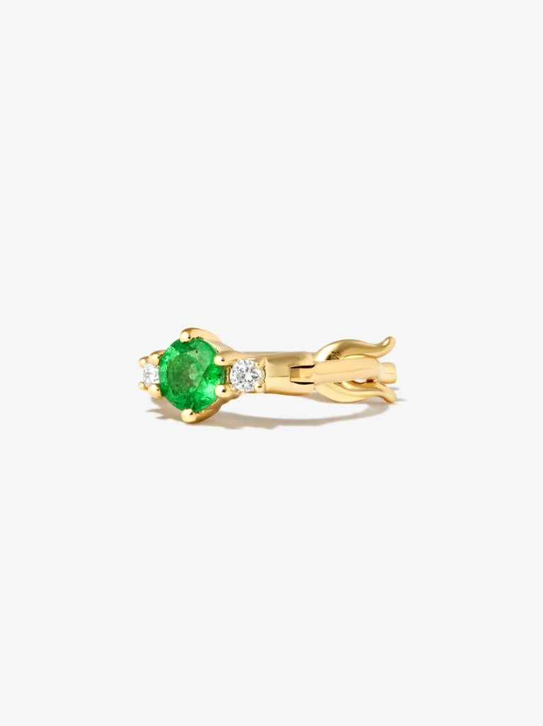 14k Yellow Gold Trio Emerald and Diamond Huggie Earrings