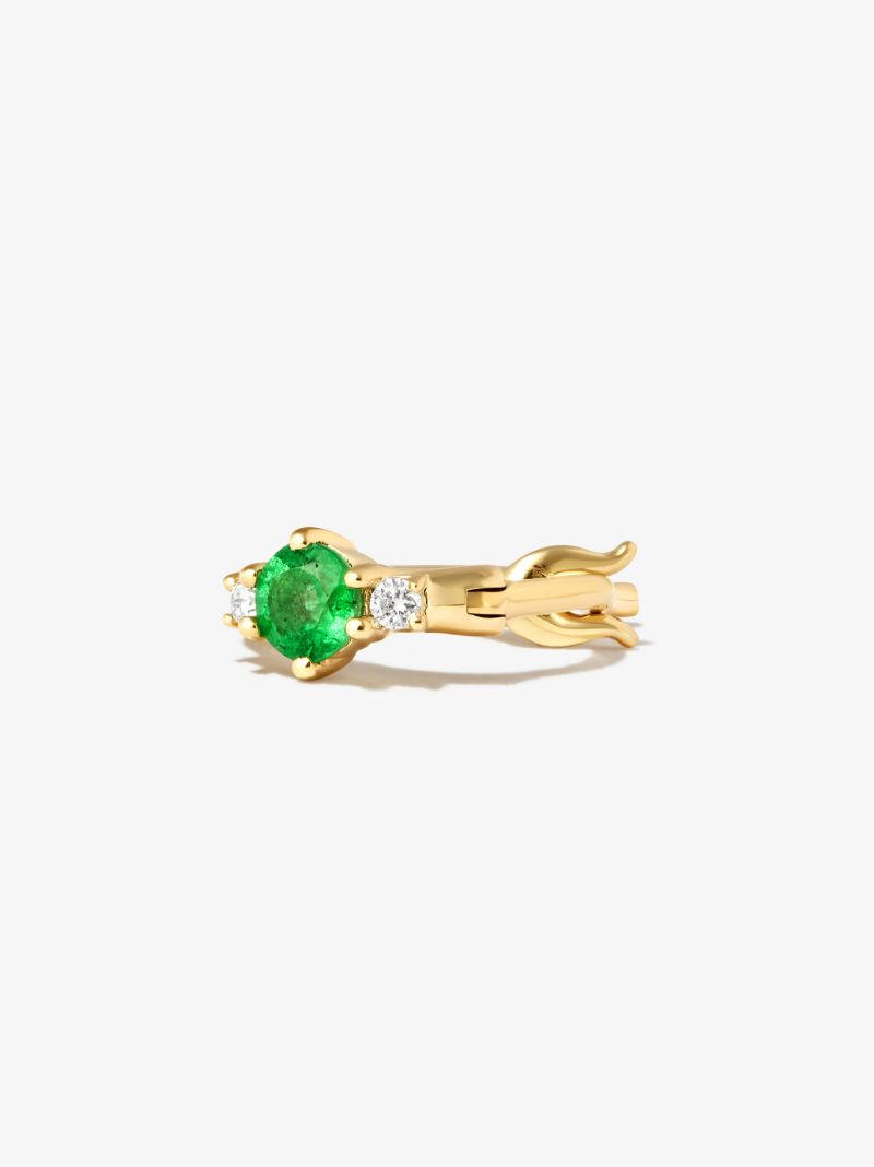 14k Yellow Gold Trio Emerald and Diamond Huggie Earrings