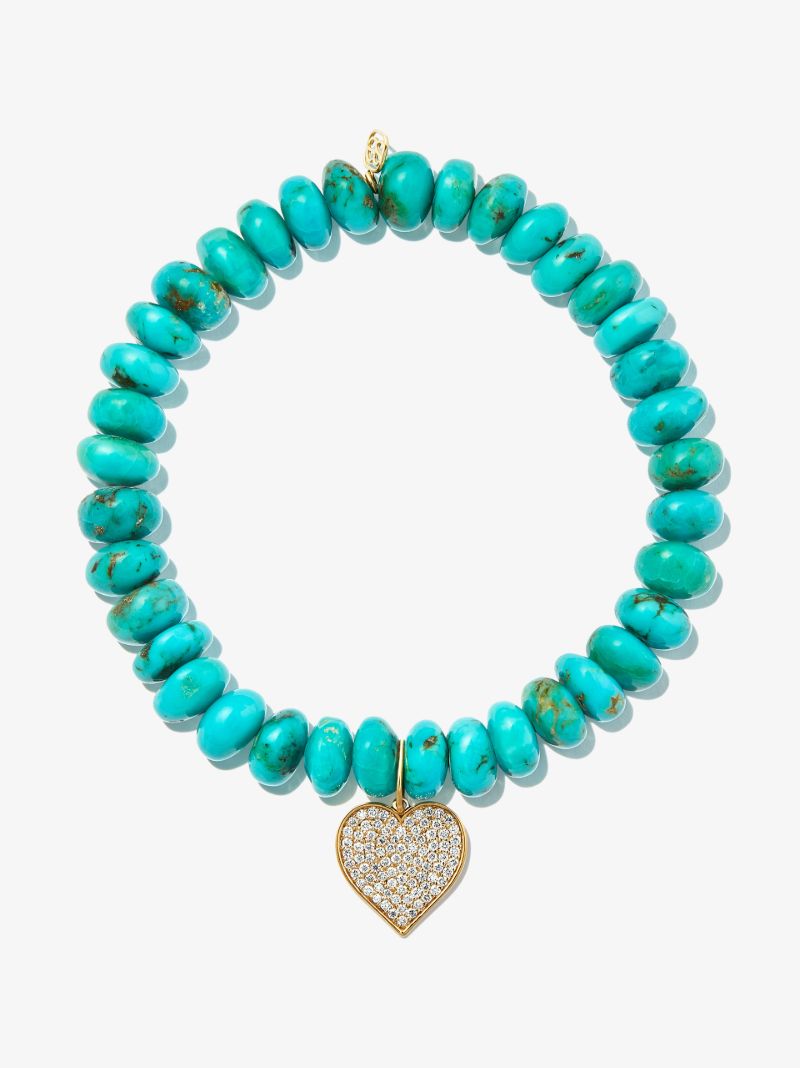 14k Yellow Gold Heart Turquoise Diamond Beaded Bracelet