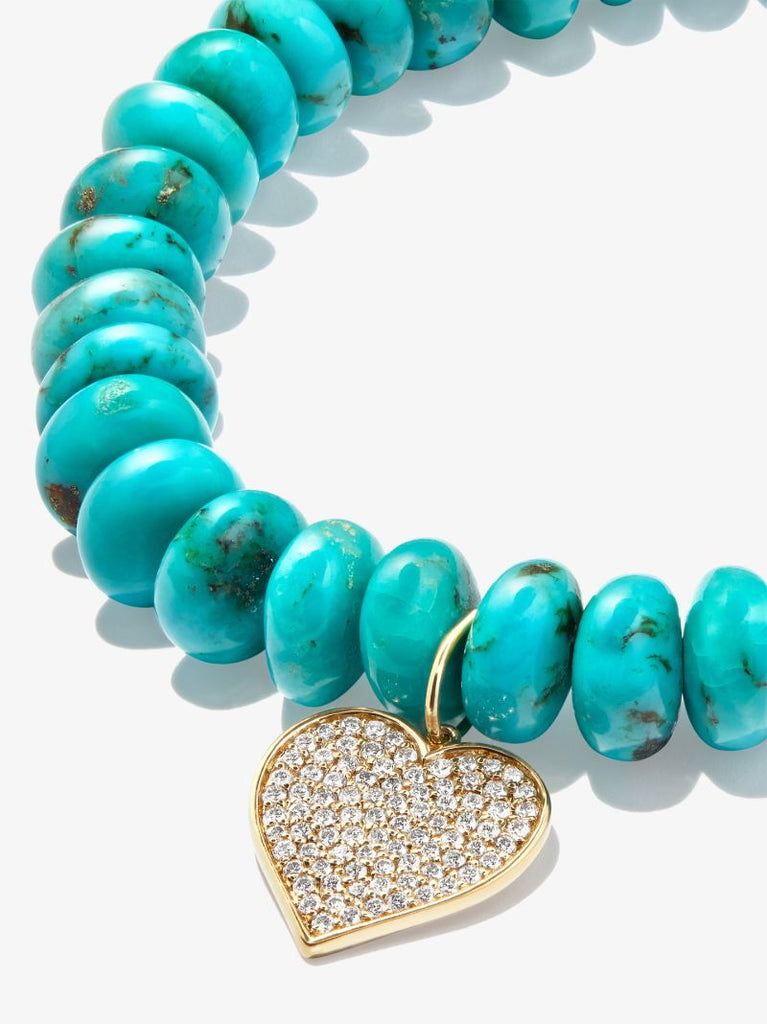 14k Yellow Gold Heart Turquoise Diamond Beaded Bracelet