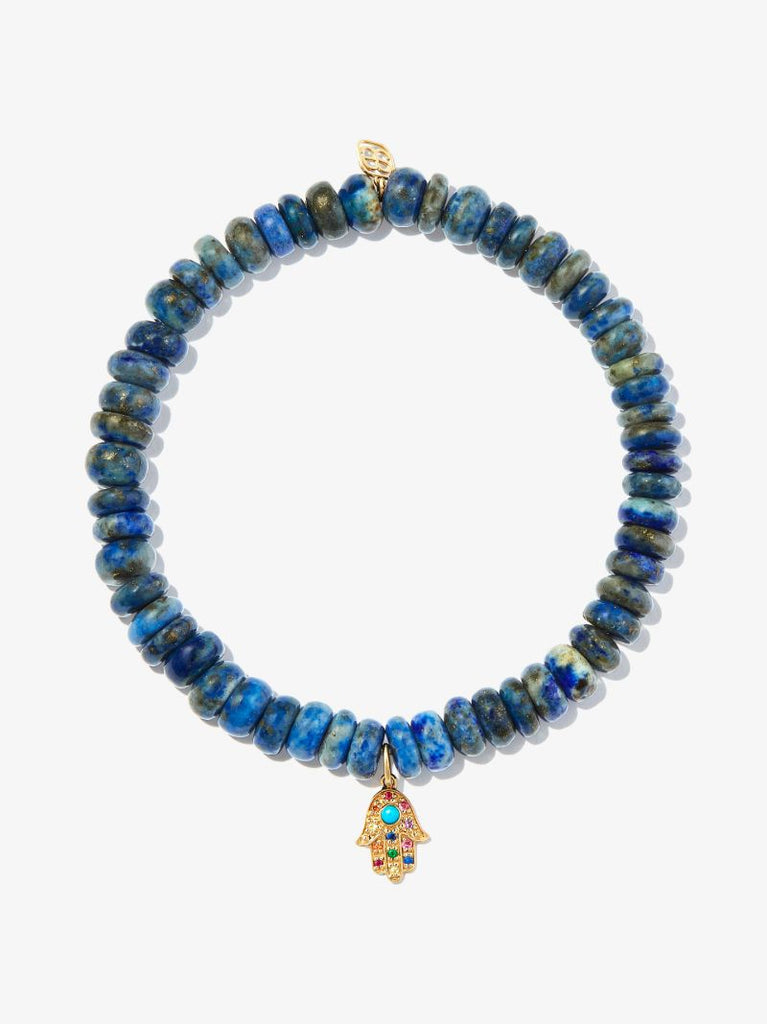 14k Yellow Gold Hamsa Lapis Lazuli Sapphire Beaded Bracelet