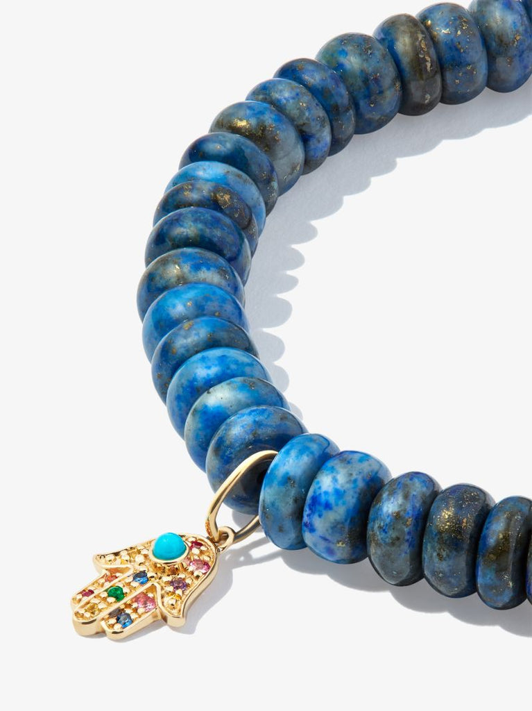 14k Yellow Gold Hamsa Lapis Lazuli Sapphire Beaded Bracelet