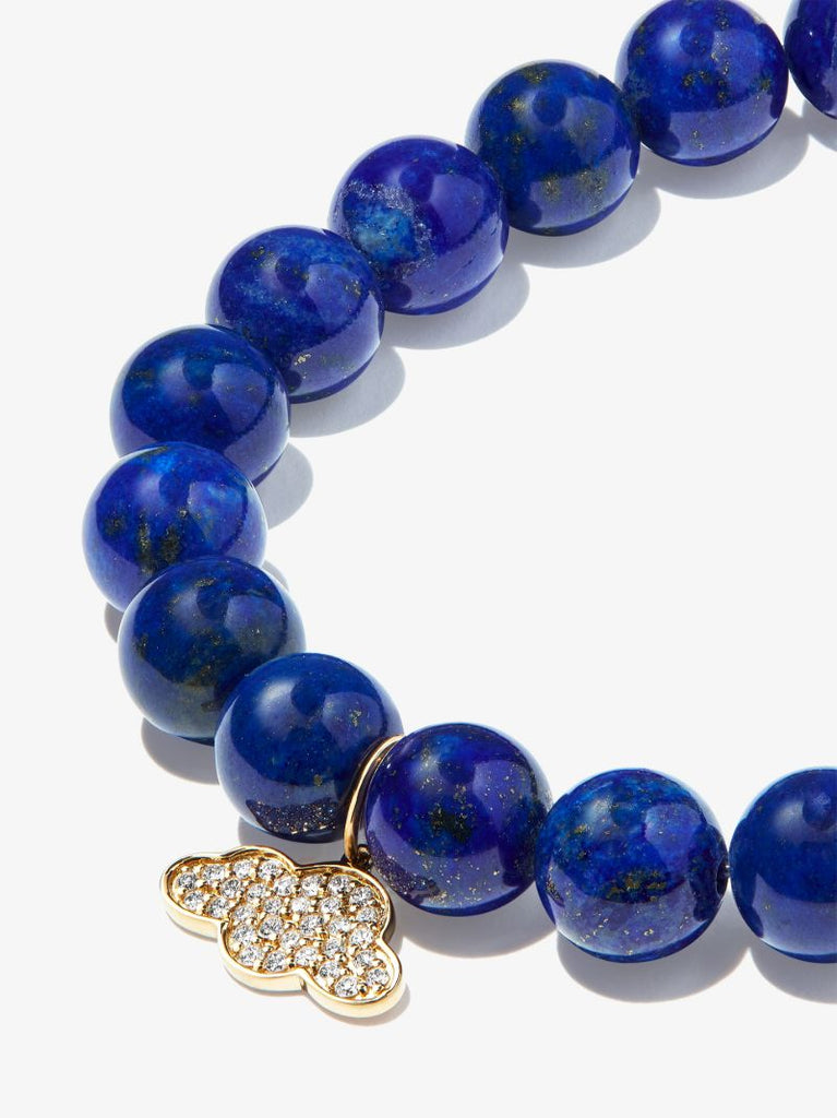 14k Yellow Gold Cloud Lapis Lazuli Diamond Beaded Bracelet