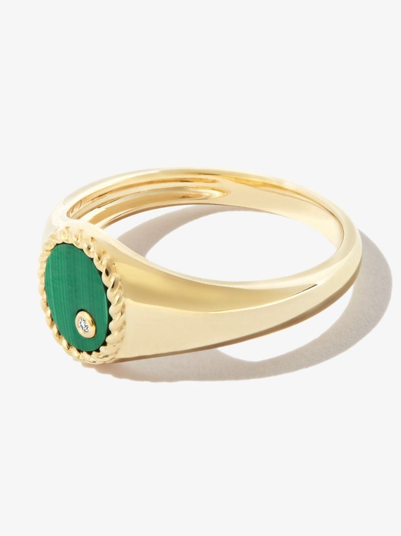 9k Yellow Gold Mini Ovale Malachite Diamond Signet Ring