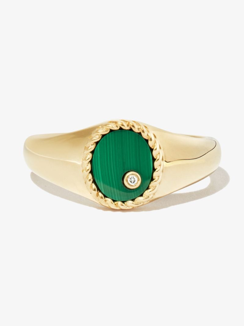 9k Yellow Gold Mini Ovale Malachite Diamond Signet Ring