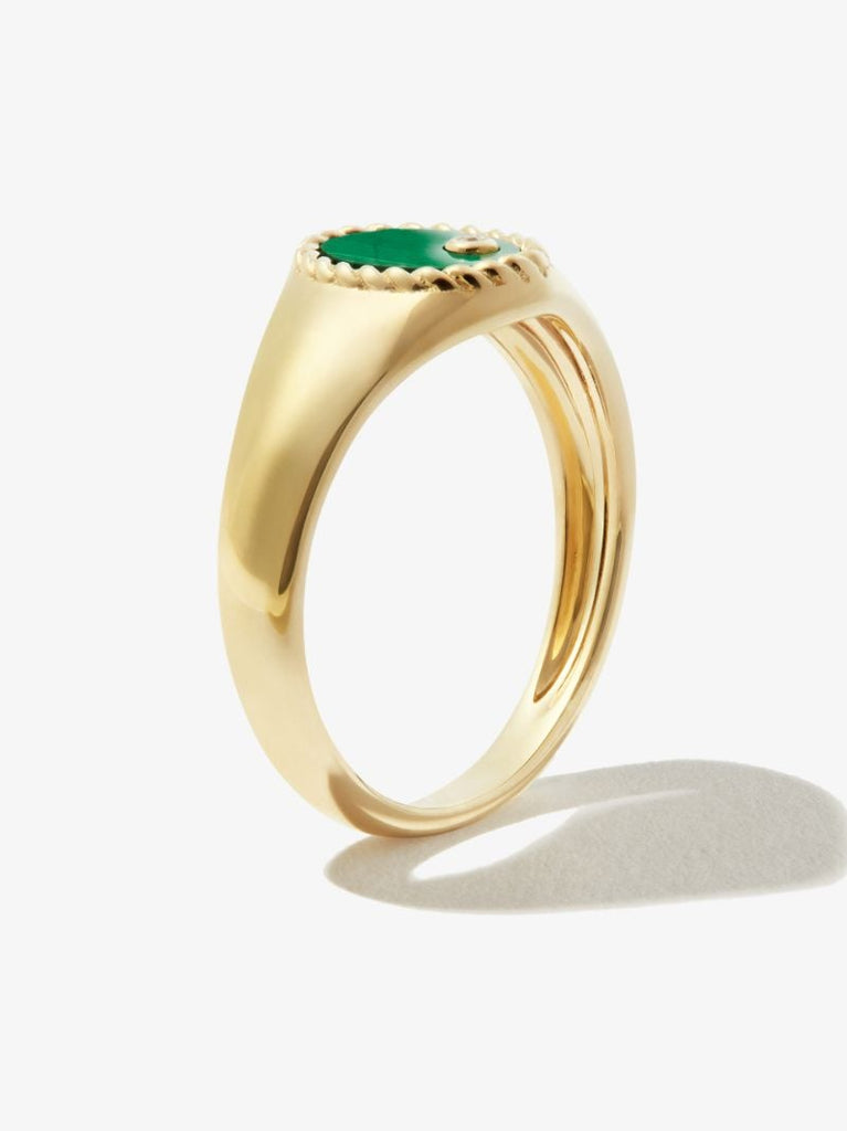 9k Yellow Gold Mini Ovale Malachite Diamond Signet Ring