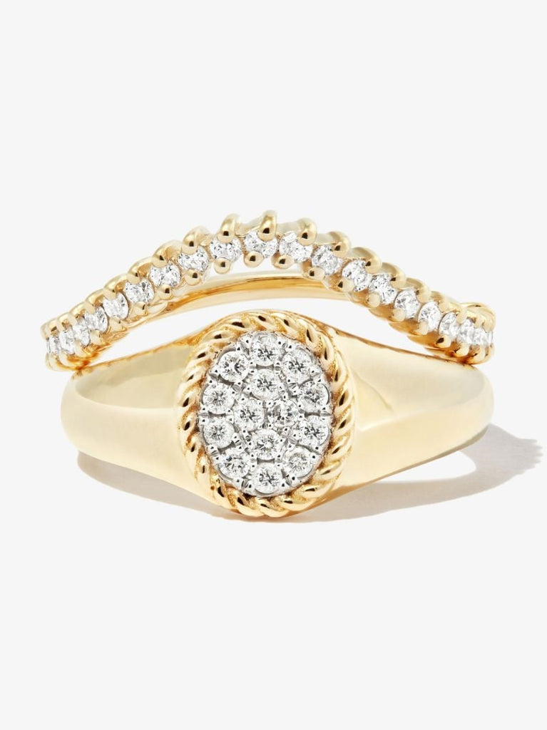 9k Yellow Gold Coeur & Vague Diamond Signet Ring Set
