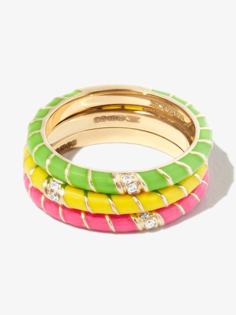 9k Yellow Gold Mini Torsade Enamel Diamond Ring Set