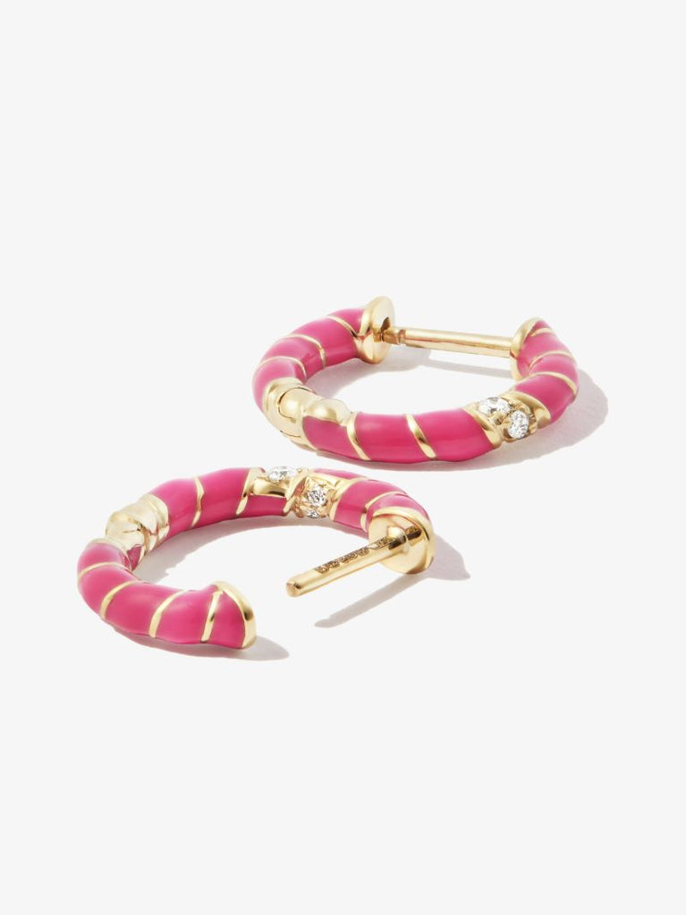 9k Yellow Gold Mini Torsade Enamel and Diamond Hoop Earrings