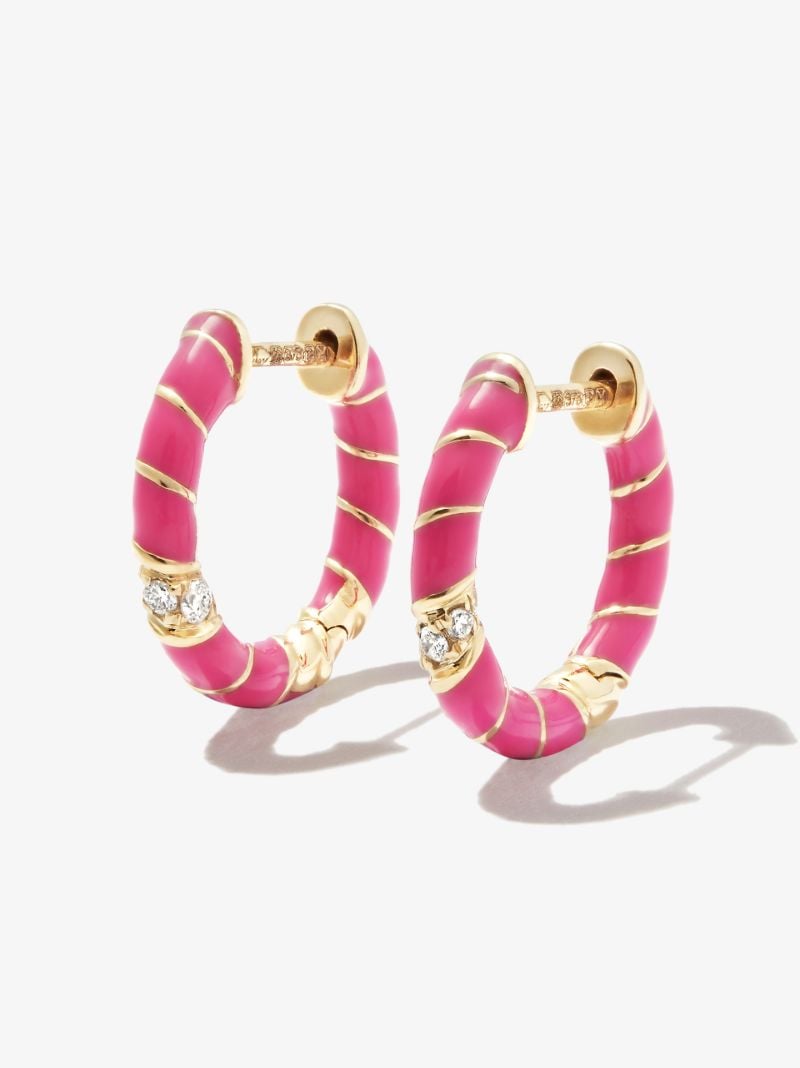 9k Yellow Gold Mini Torsade Enamel and Diamond Hoop Earrings