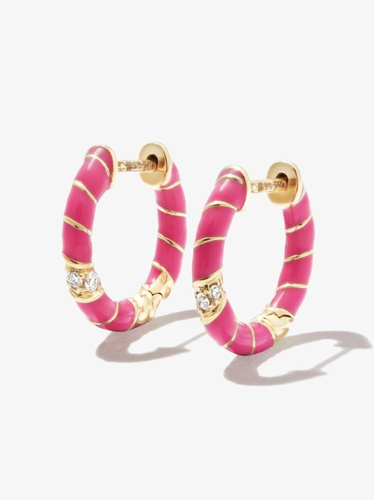 9k Yellow Gold Mini Torsade Enamel and Diamond Hoop Earrings
