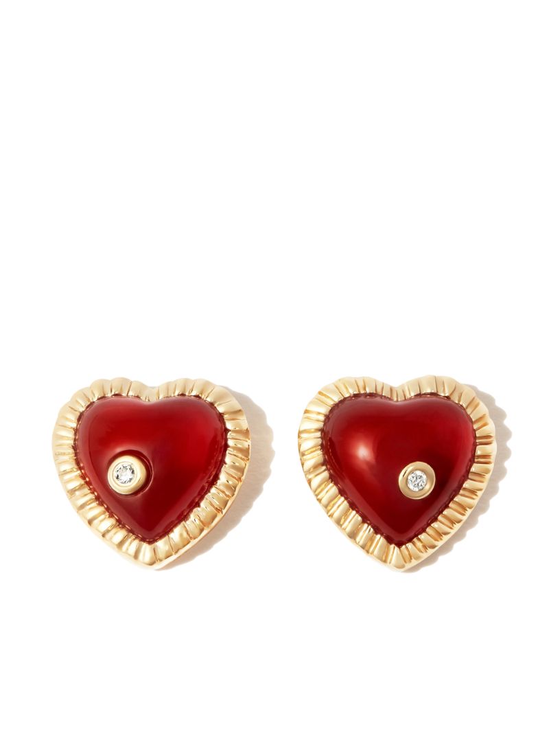 9k Yellow Gold Agate Diamond Heart Stud Earrings