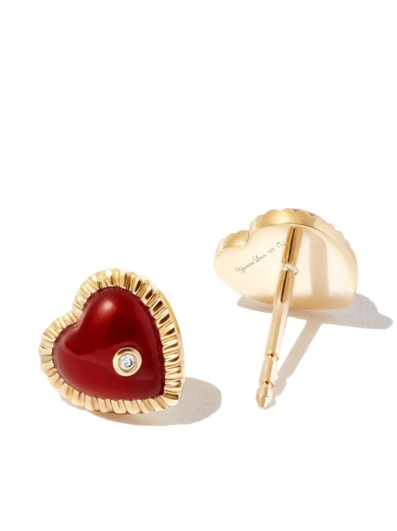 9k Yellow Gold Agate Diamond Heart Stud Earrings