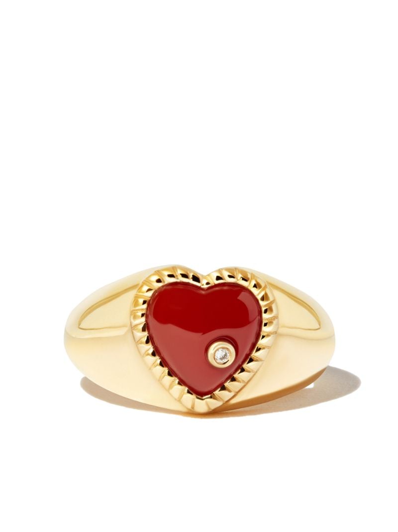 9k Yellow Gold Agate Diamond Heart Signet Ring