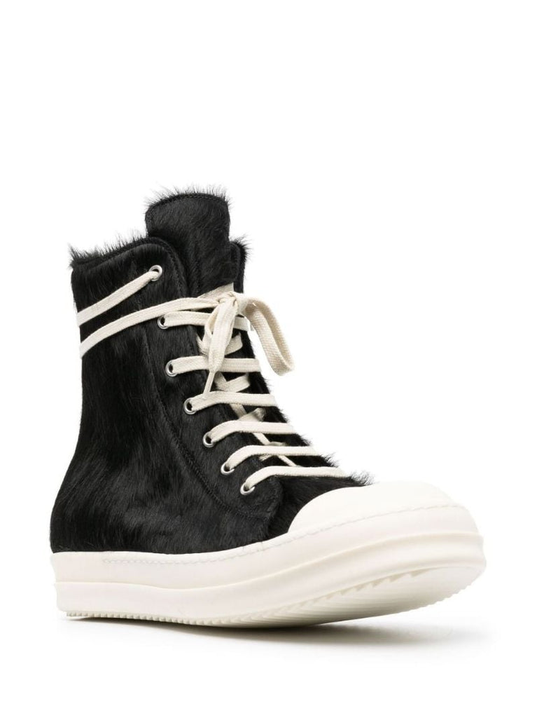 Black Pony Hair High-top Leather Sneakers