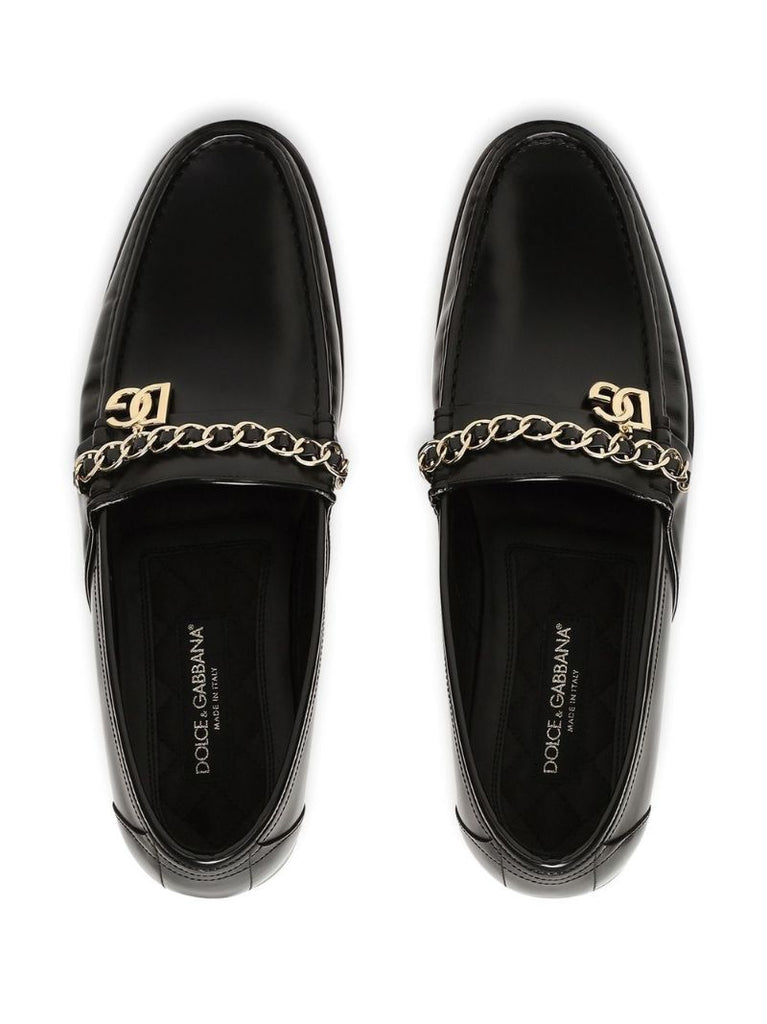 Black Chain Detail Leather Loafers