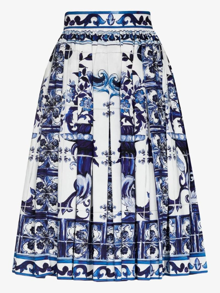 Blue Majolica Print Cotton A-line Midi Skirt