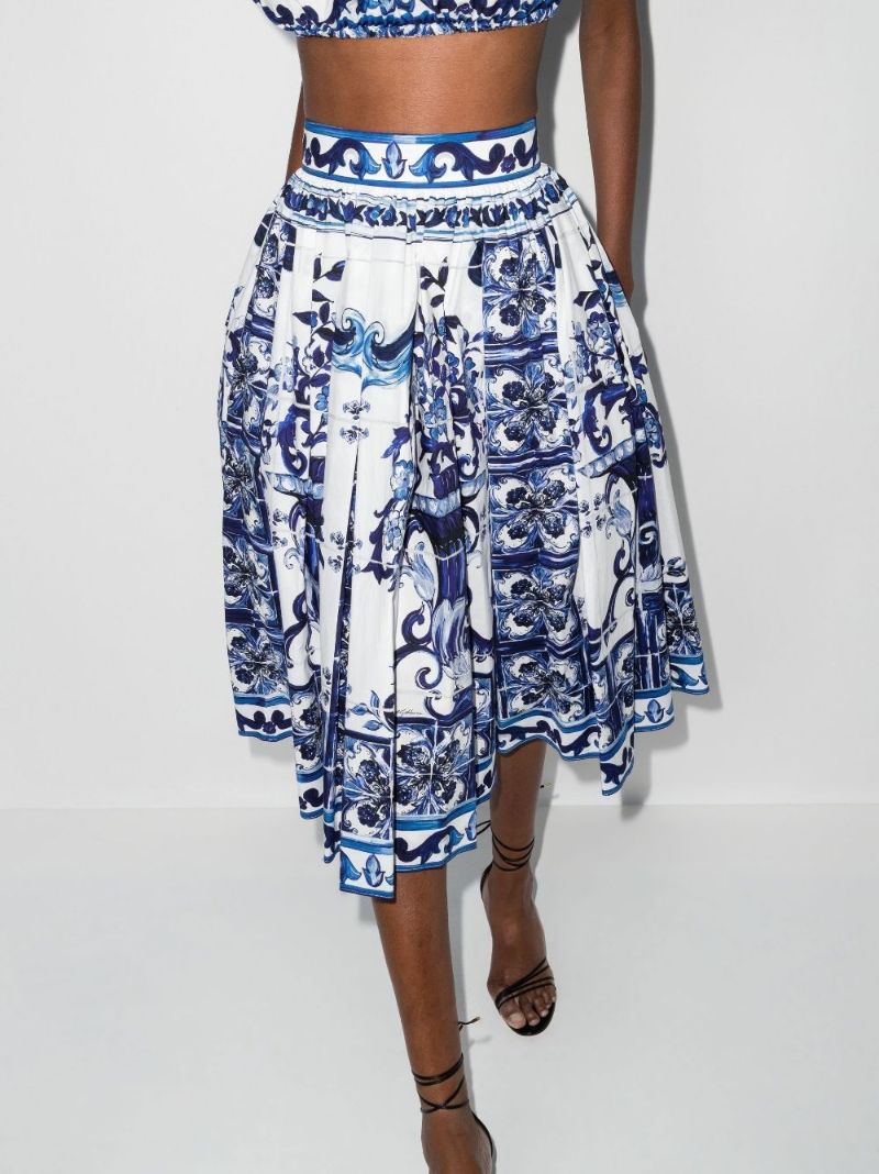 Blue Majolica Print Cotton A-line Midi Skirt