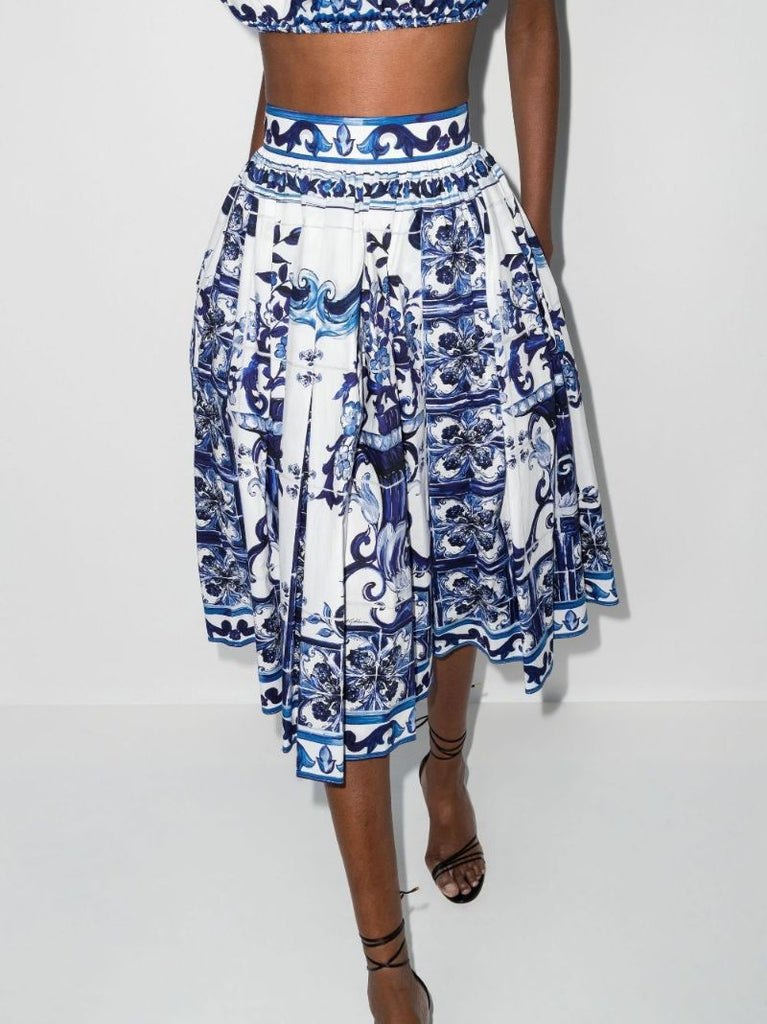 Blue Majolica Print Cotton A-line Midi Skirt