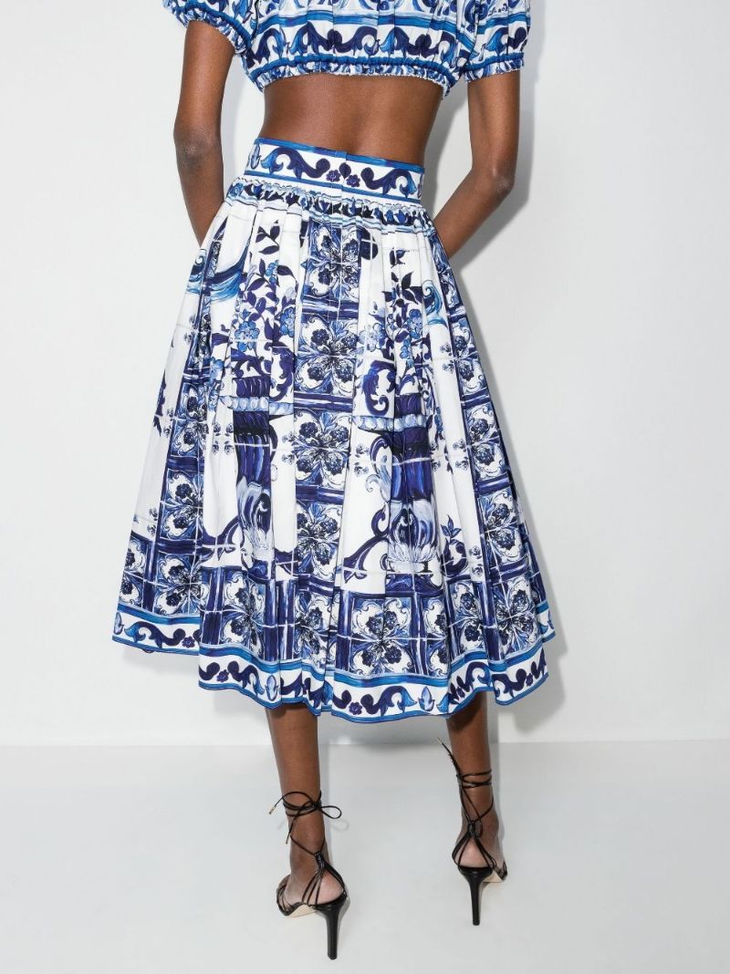 Blue Majolica Print Cotton A-line Midi Skirt