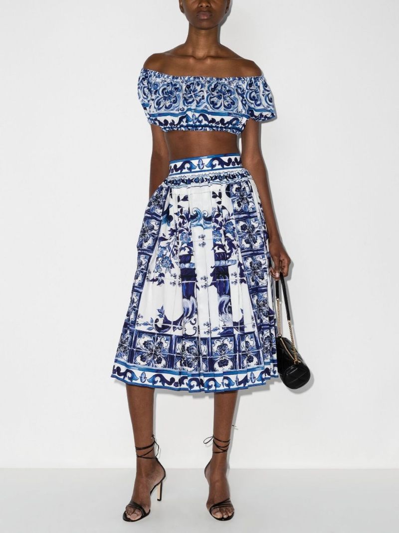 Blue Majolica Print Cotton A-line Midi Skirt