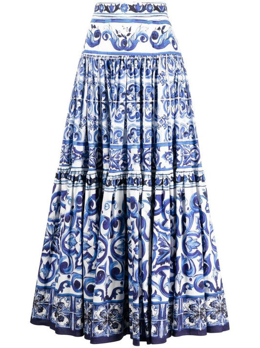 Blue Majolica Print Cotton Maxi Skirt