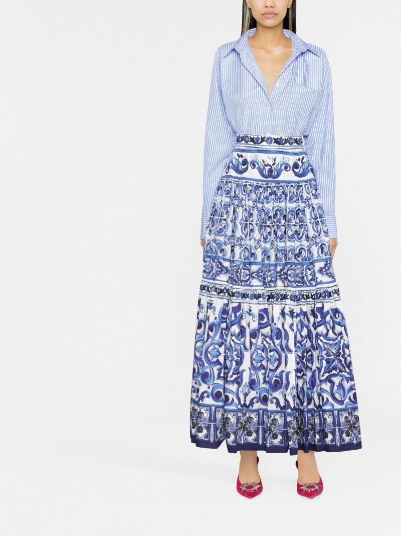 Blue Majolica Print Cotton Maxi Skirt