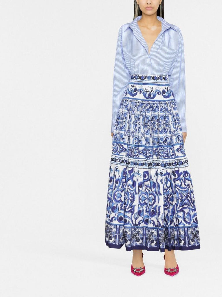 Blue Majolica Print Cotton Maxi Skirt