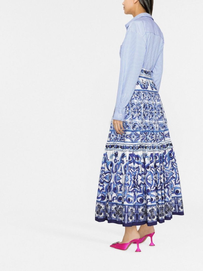 Blue Majolica Print Cotton Maxi Skirt