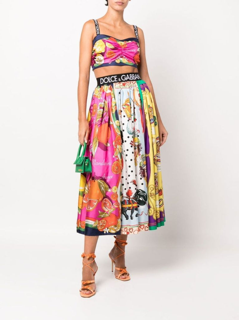 Multicolour Mixed Print Silk Midi Skirt
