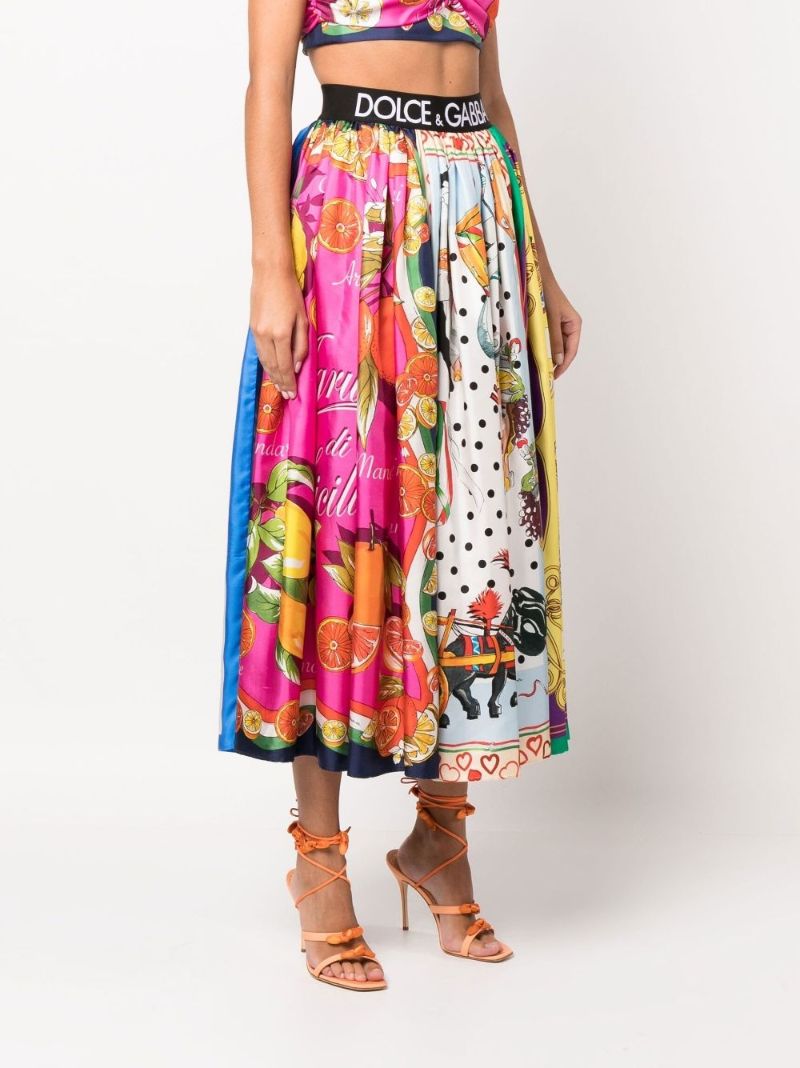 Multicolour Mixed Print Silk Midi Skirt