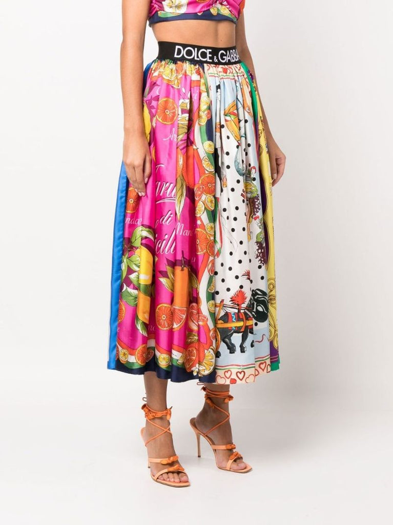 Multicolour Mixed Print Silk Midi Skirt