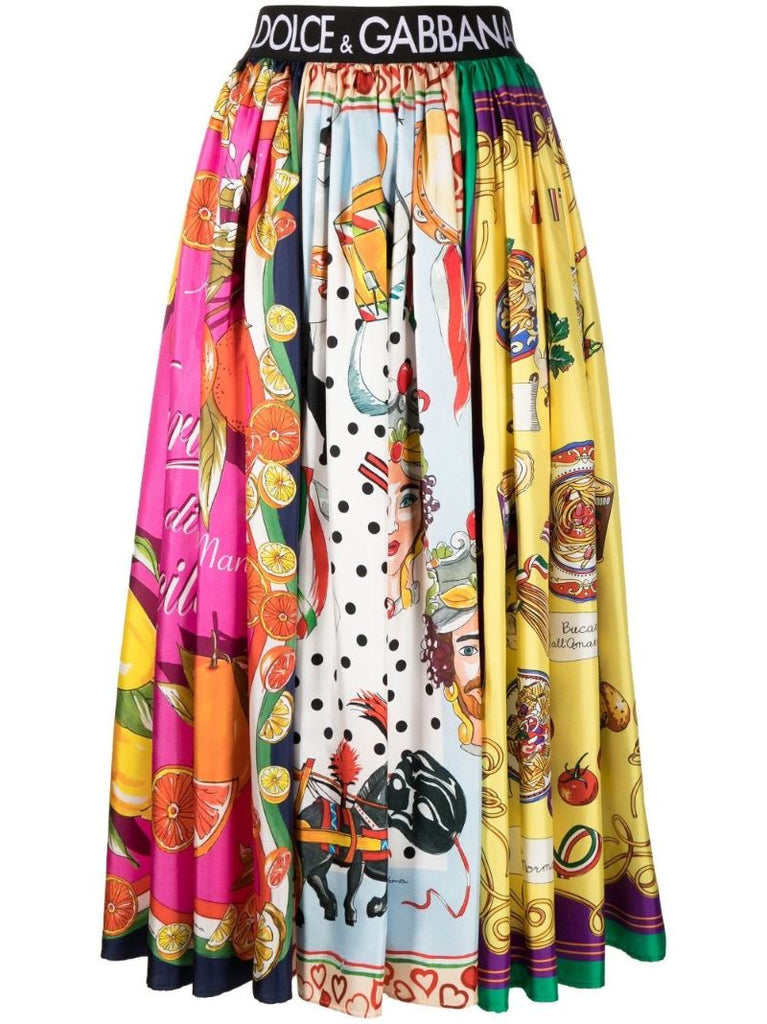 Multicolour Mixed Print Silk Midi Skirt