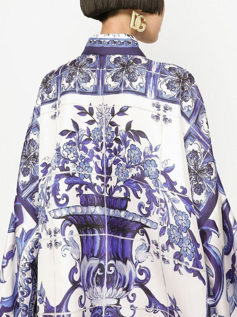 Blue and White Majolica Print Silk Shirt