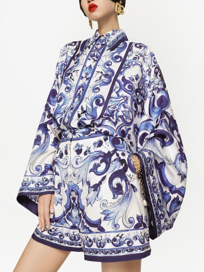 Blue and White Majolica Print Silk Shirt