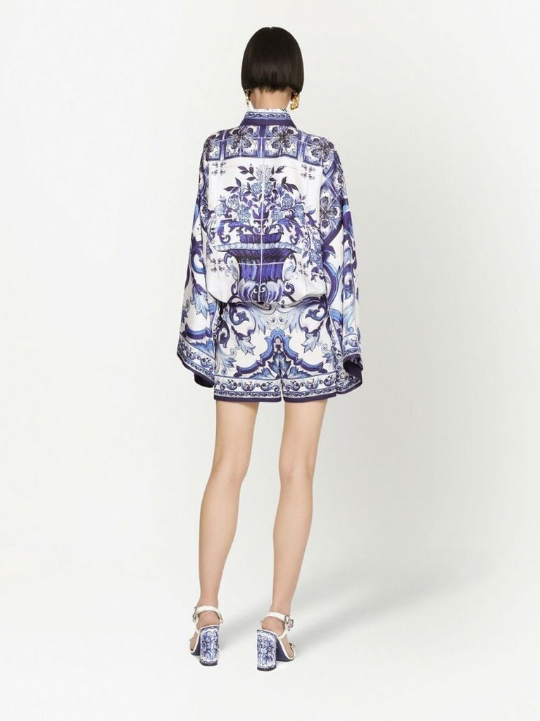 Blue and White Majolica Print Silk Shirt