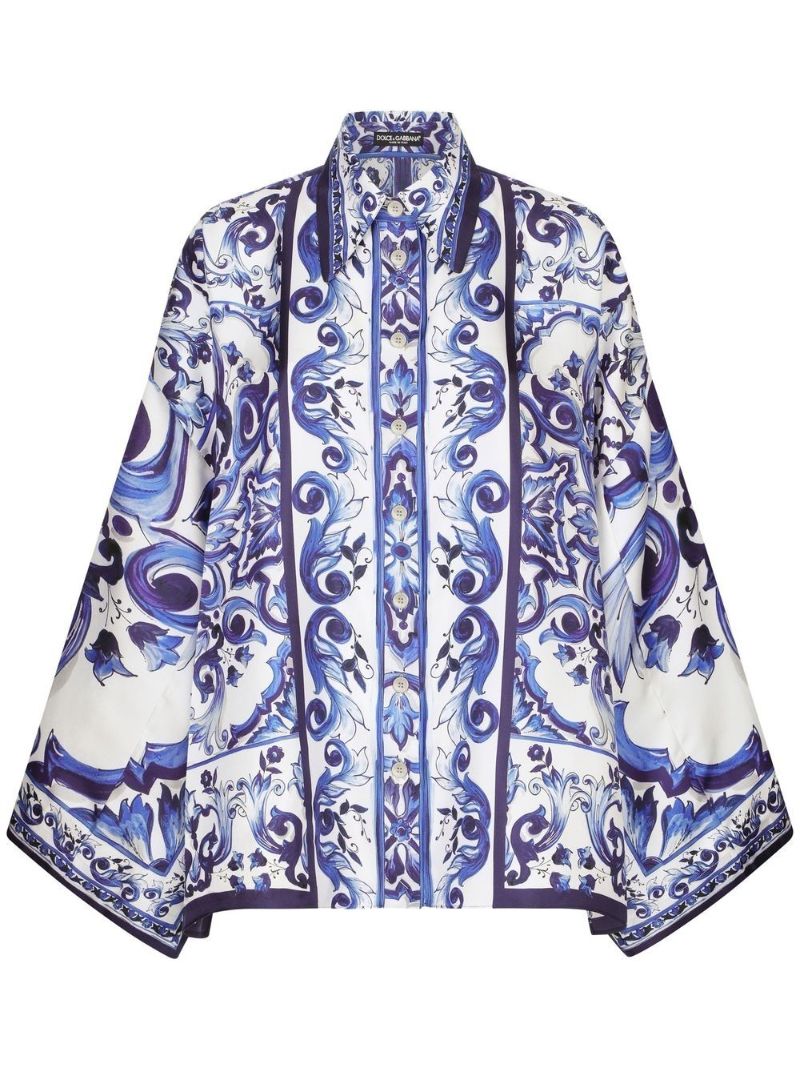 Blue and White Majolica Print Silk Shirt