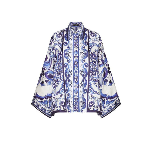 Blue and White Majolica Print Silk Shirt