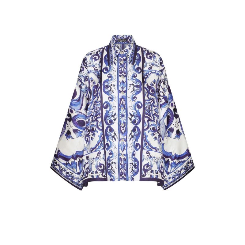 Blue and White Majolica Print Silk Shirt