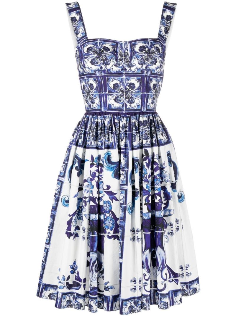 Blue Majolica Floral Print Cotton Dress