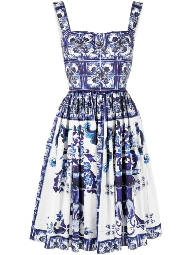 Blue Majolica Floral Print Cotton Dress