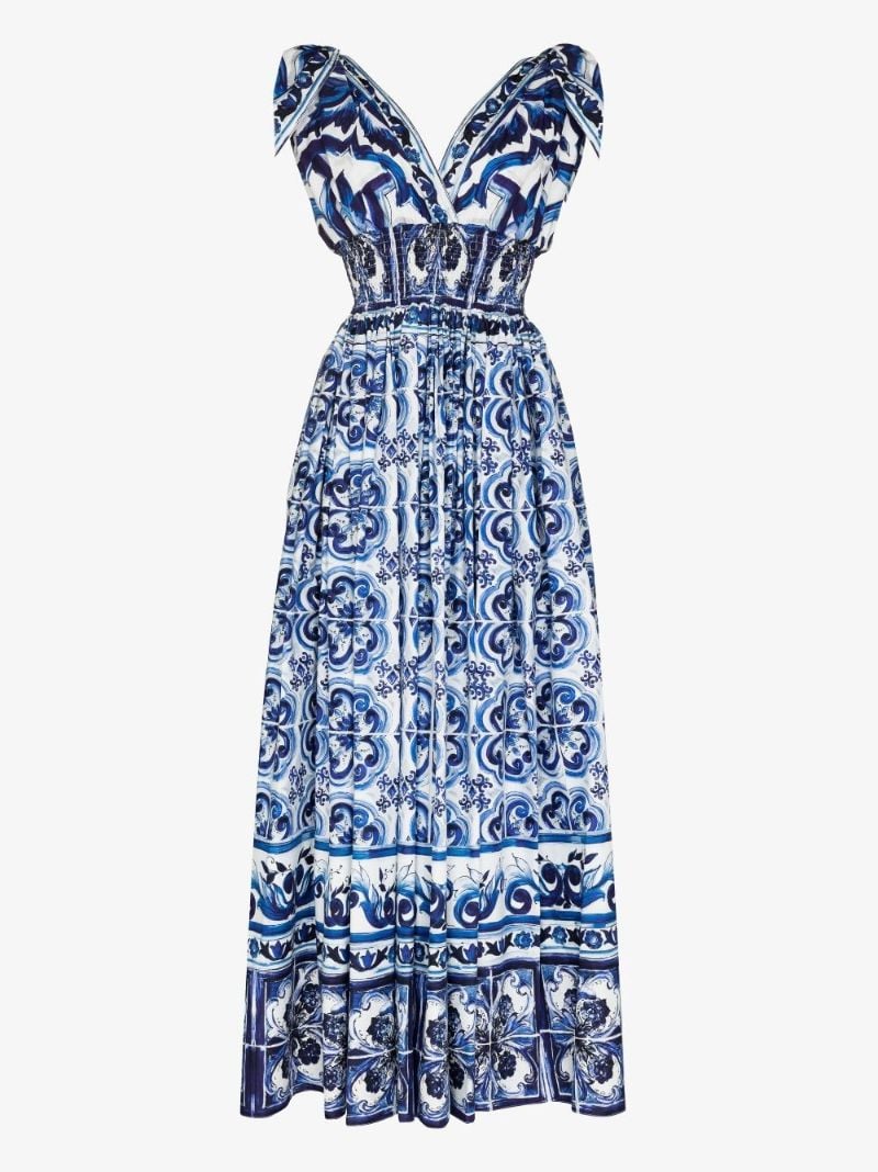 Blue Majolica Print Cotton Maxi Dress